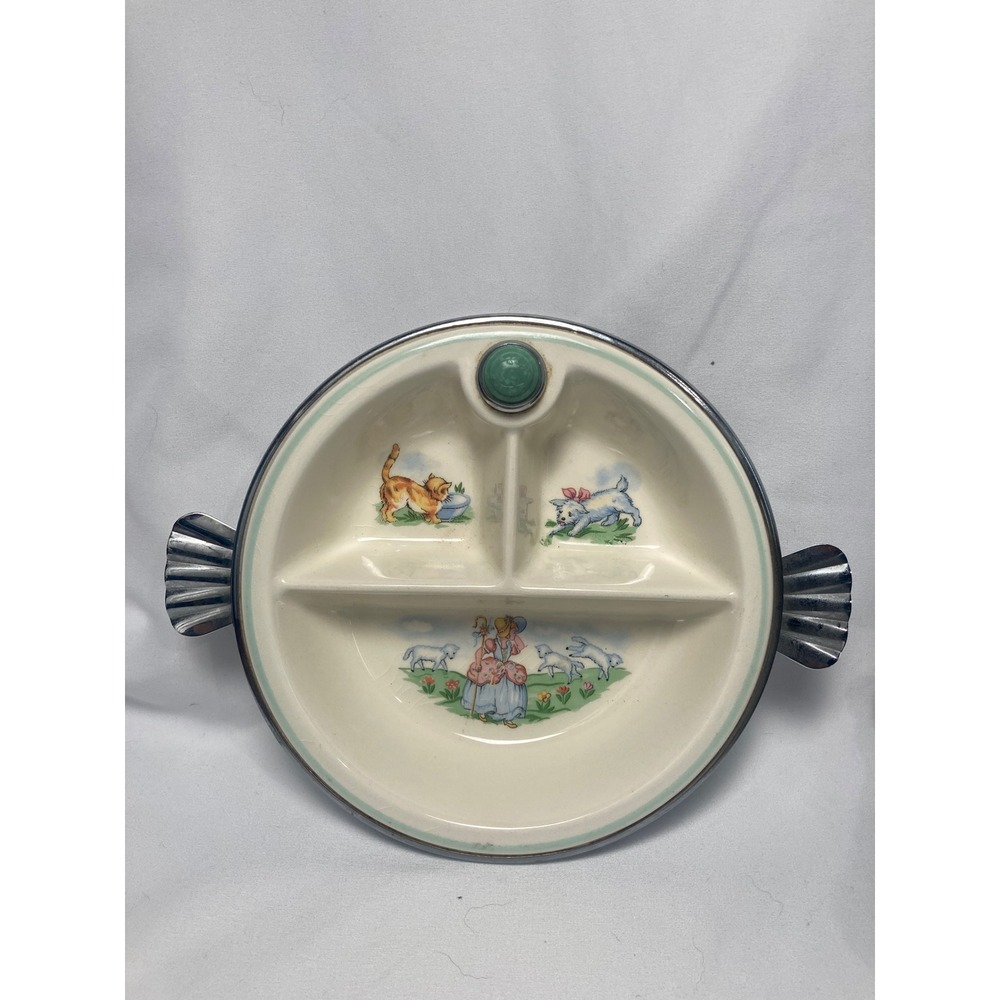 Vintage 1944 Bartsch Little Bo Peep Baby Warming Dish Divided Plate Chrome